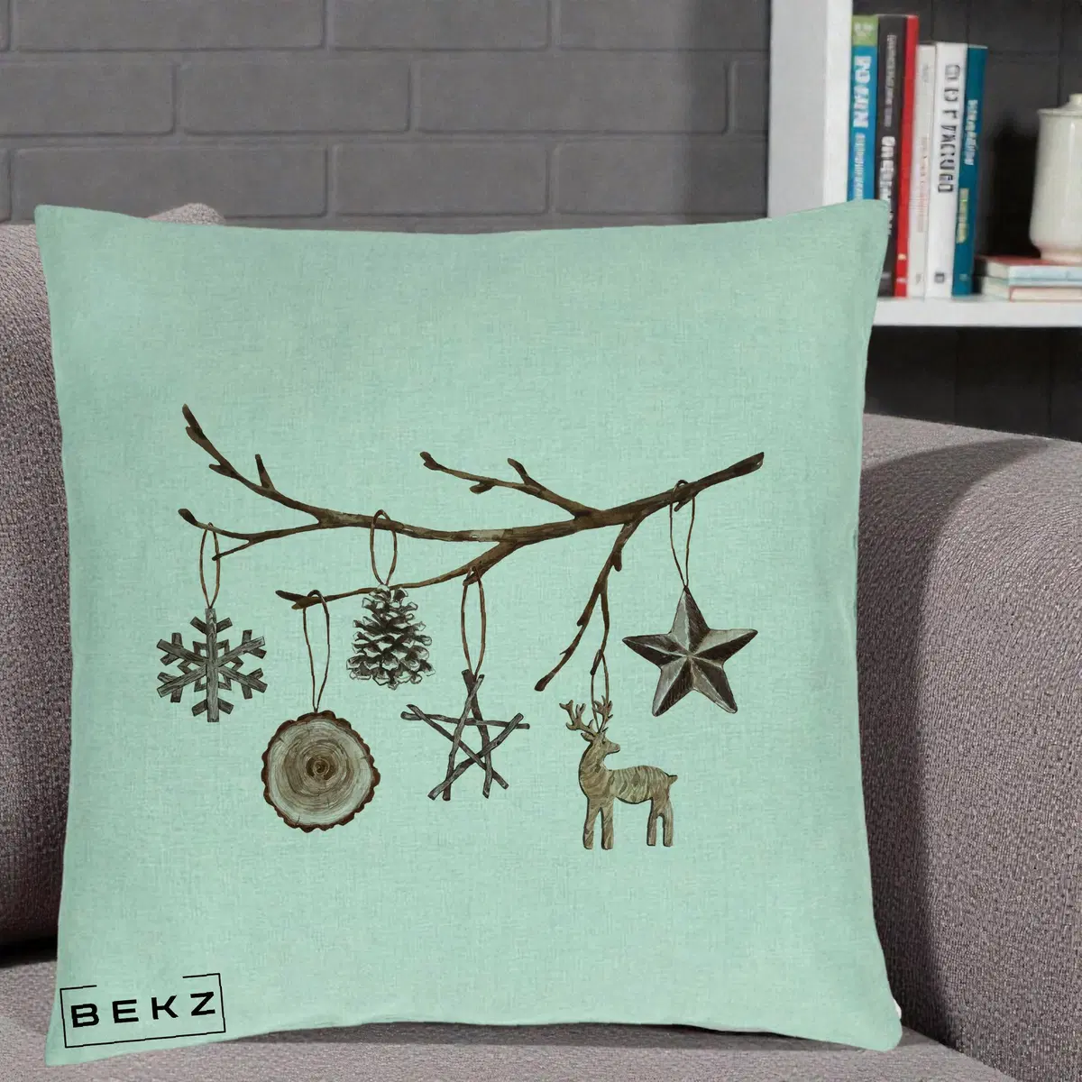 Perna Decorativa Ornamente de Lemn pe Ramura, 40x40 cm, Verde Menta, Husa Detasabila, Perna, BEKZ®