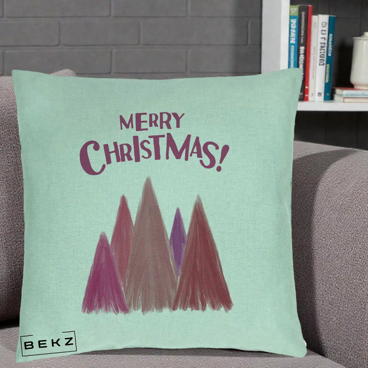 Perna Decorativa Merry Christmas Brazi Roz, 40x40 cm, Verde Menta, Husa Detasabila, Perna, BEKZ®