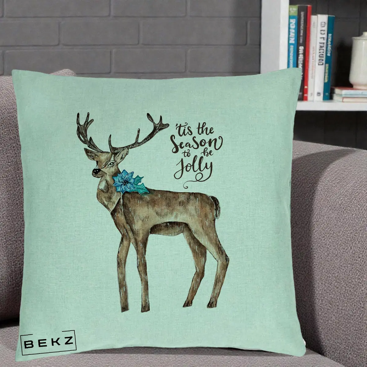 Perna Decorativa Ren Tis the Season to be Jolly, 40x40 cm, Verde Menta, Husa Detasabila, Perna, BEKZ®