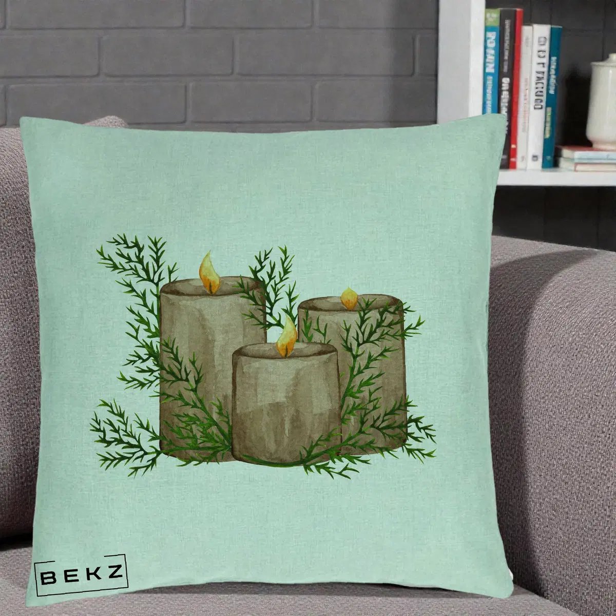 Perna Decorativa Lumanari Rustice cu Crengute Brad, 40x40 cm, Verde Menta, Husa Detasabila, Perna, BEKZ®