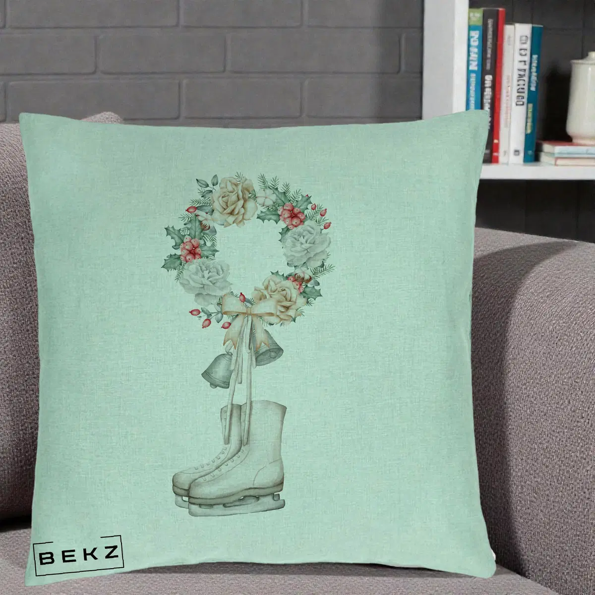Perna Decorativa Patine cu Coroana Florala de Craciun, 40x40 cm, Verde Menta, Husa Detasabila, Perna, BEKZ®
