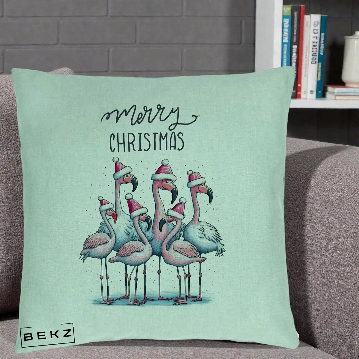 Perna Decorativa Flamingo Merry Christmas, 40x40 cm, Verde Menta, Husa Detasabila, Perna, BEKZ®