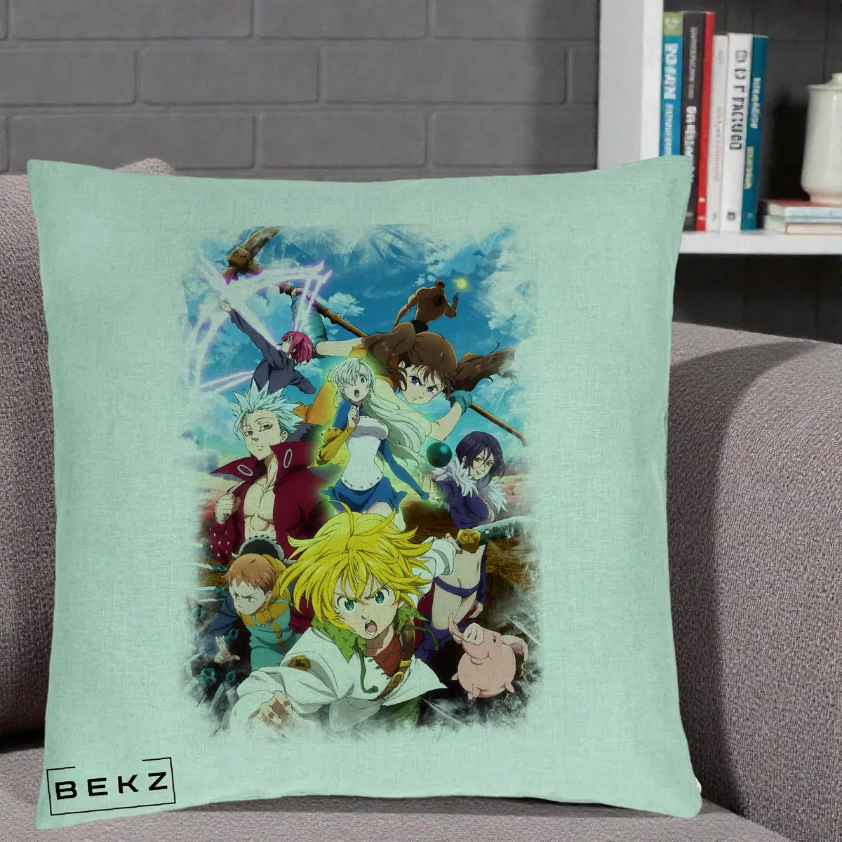 Perna Decorativa Nanatsu no Taizai Cele Sapte Pacate Mortale Anime, 40x40 cm, Verde Menta, Husa Detasabila, Perna, BEKZ®