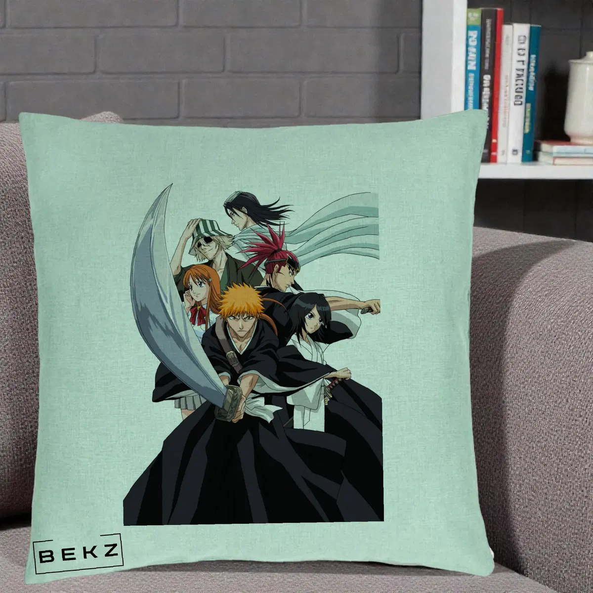 Perna Decorativa Bleach Grup Complet Ichigo si Prietenii, 40x40 cm, Verde Menta, Husa Detasabila, Perna, BEKZ®