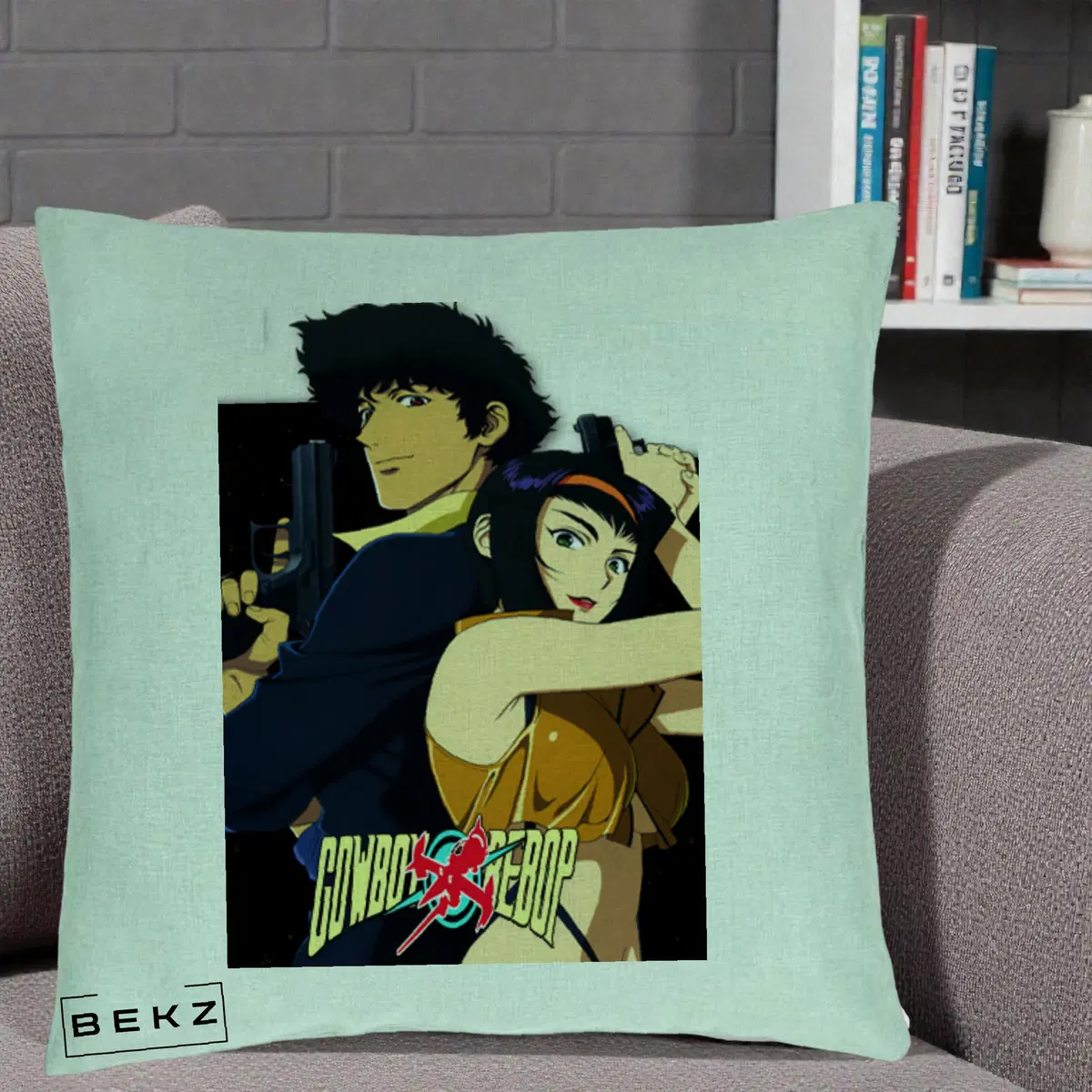 Perna Decorativa Cowboy Bebop Spike si Faye Poster, 40x40 cm, Verde Menta, Husa Detasabila, Perna, BEKZ®