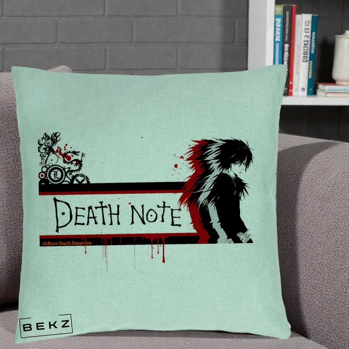 Perna Decorativa Death Note L Lawliet Rosu-Negru, 40x40 cm, Verde Menta, Husa Detasabila, Perna, BEKZ®