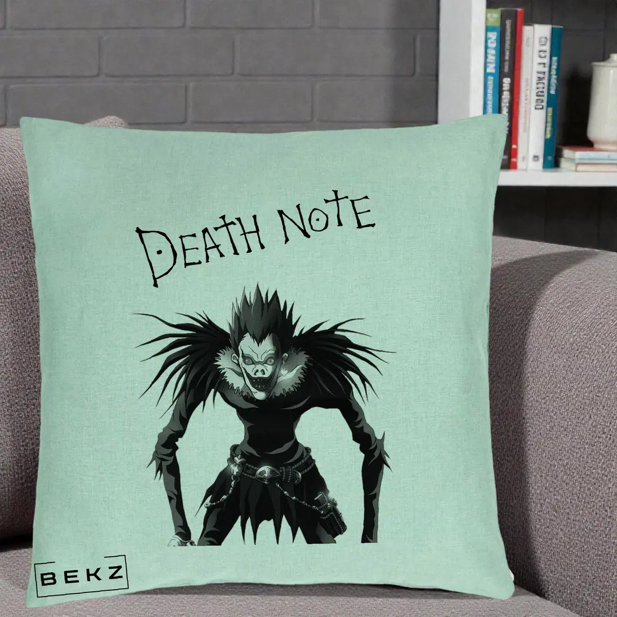 Perna Decorativa Death Note Ryuk Shinigami Alb-Negru, 40x40 cm, Verde Menta, Husa Detasabila, Perna, BEKZ®