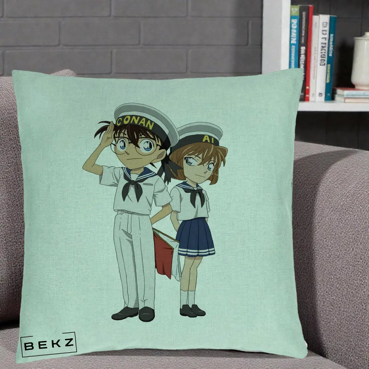 Perna Decorativa Detective Conan Conan si Ai Sailor, 40x40 cm, Verde Menta, Husa Detasabila, Perna, BEKZ®