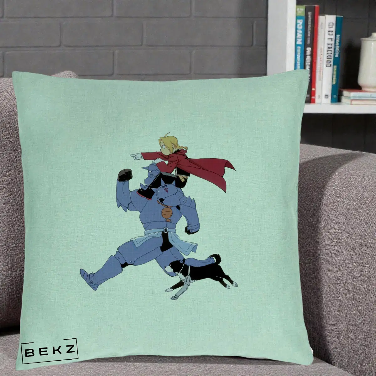 Perna Decorativa Fullmetal Alchemist Edward si Alphonse, 40x40 cm, Verde Menta, Husa Detasabila, Perna, BEKZ®