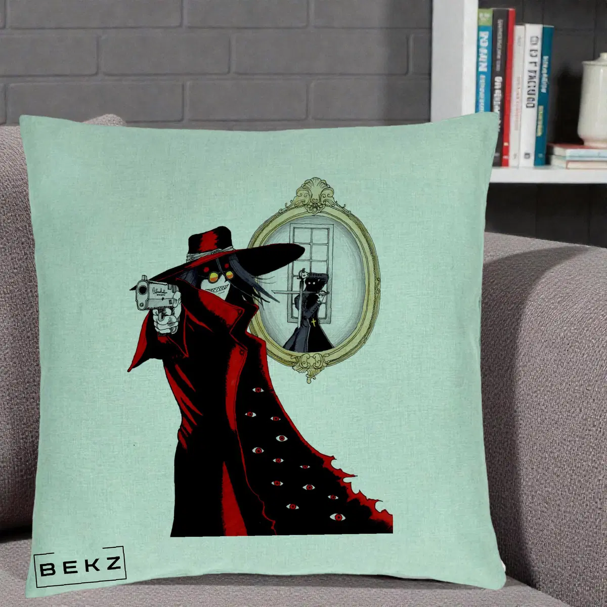 Perna Decorativa Hellsing Alucard cu Pistoale, 40x40 cm, Verde Menta, Husa Detasabila, Perna, BEKZ®
