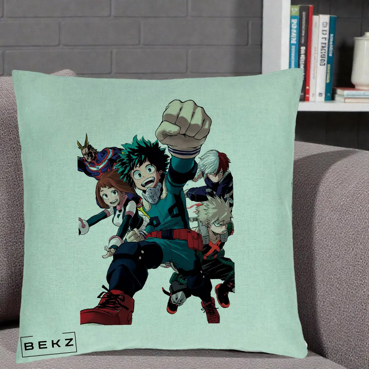 Perna Decorativa My Hero Academia Izuku Deku si Echipa, 40x40 cm, Verde Menta, Husa Detasabila, Perna, BEKZ®