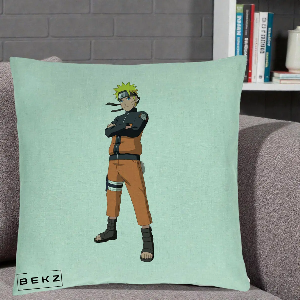 Perna Decorativa Naruto Uzumaki Portret Complet, 40x40 cm, Verde Menta, Husa Detasabila, Perna, BEKZ®