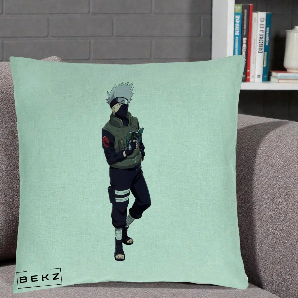 Perna Decorativa Naruto Kakashi Hatake Portret Complet, 40x40 cm, Verde Menta, Husa Detasabila, Perna, BEKZ®