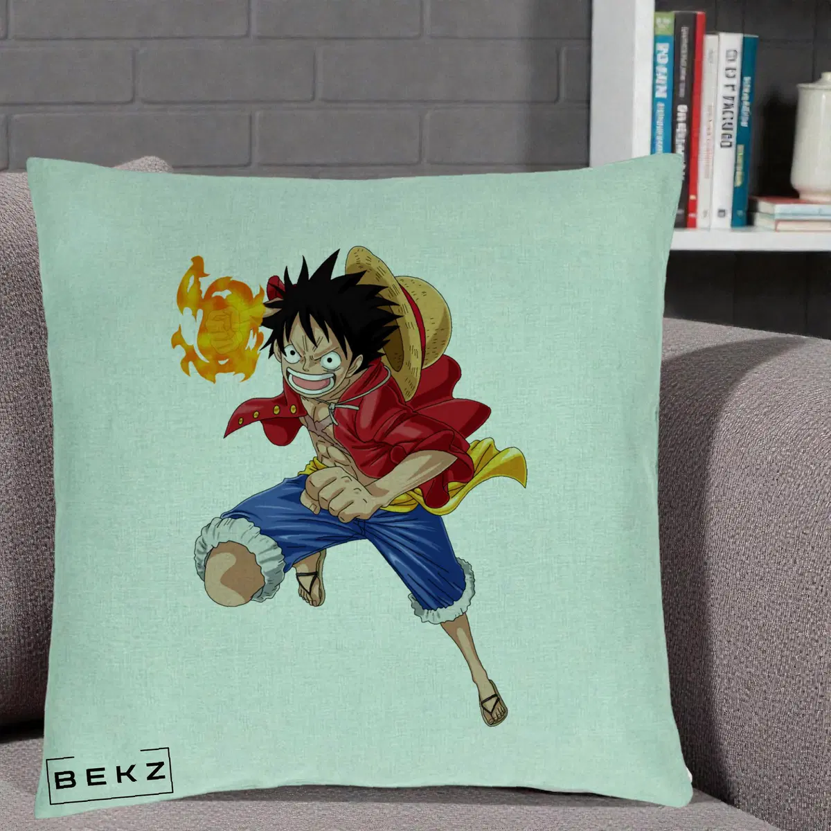 Perna Decorativa One Piece Luffy Gear Second Foc, 40x40 cm, Verde Menta, Husa Detasabila, Perna, BEKZ®