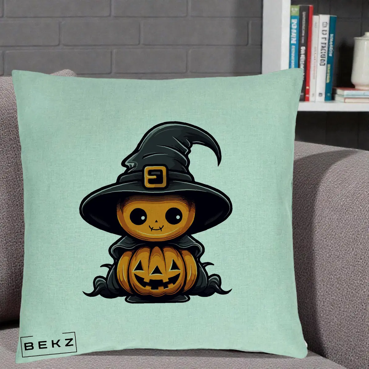 Perna Decorativa Halloween Dovleac Vrajitor Kawaii, 40x40 cm, Verde Menta, Husa Detasabila, Perna, BEKZ®