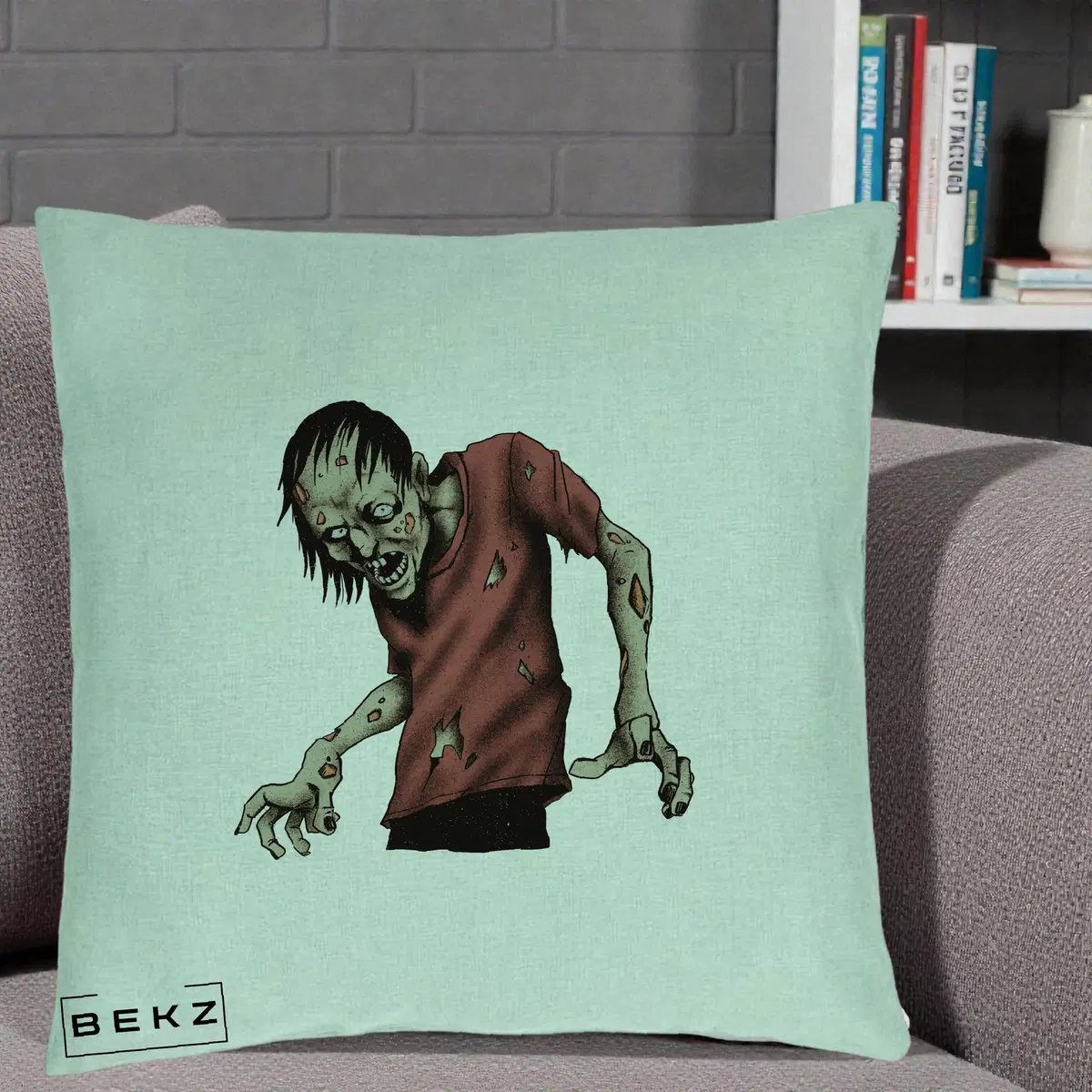 Perna Decorativa Halloween Zombie Infricosator, 40x40 cm, Verde Menta, Husa Detasabila, Perna, BEKZ®