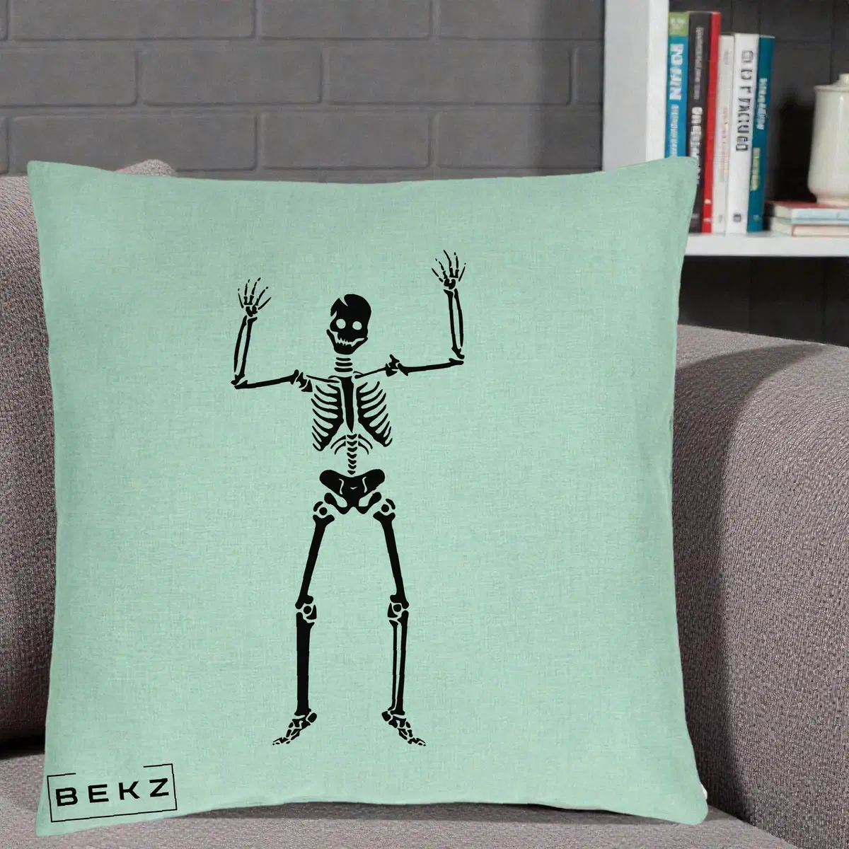 Perna Decorativa Halloween Schelet Dansator, 40x40 cm, Verde Menta, Husa Detasabila, Perna, BEKZ®