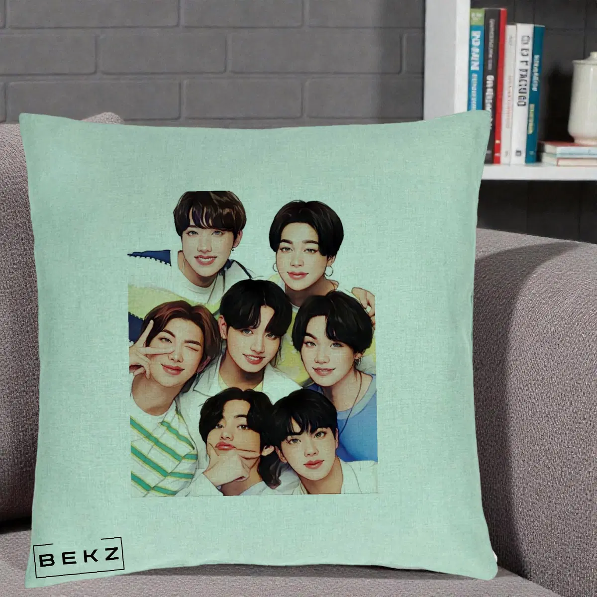 Perna Decorativa BTS Bangtan Boys Portret Grup Fanart, 40x40 cm, Verde Menta, Husa Detasabila, Perna, BEKZ®