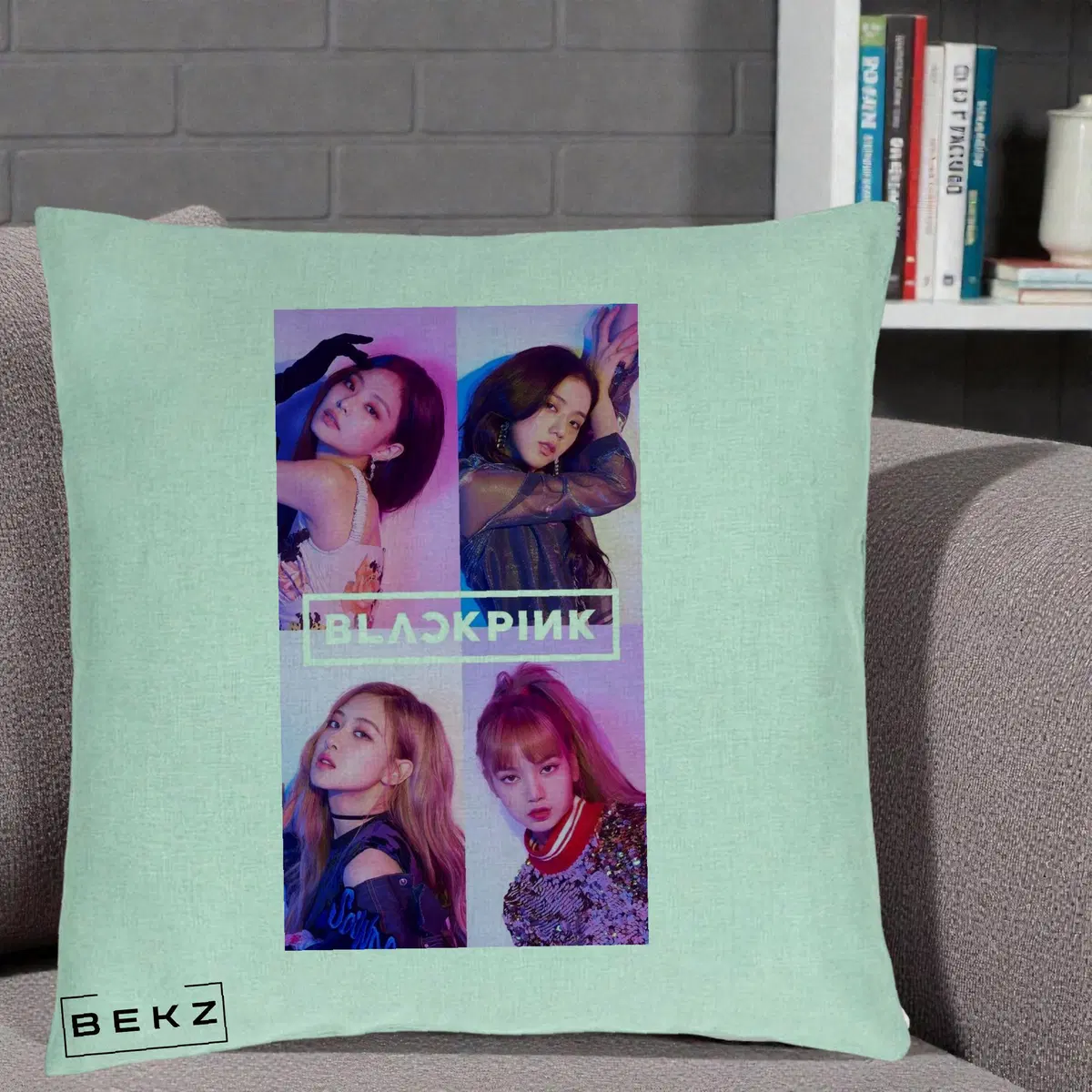 Perna Decorativa BLACKPINK Poster Colaj 4 Membre Violet Roz, 40x40 cm, Verde Menta, Husa Detasabila, Perna, BEKZ®