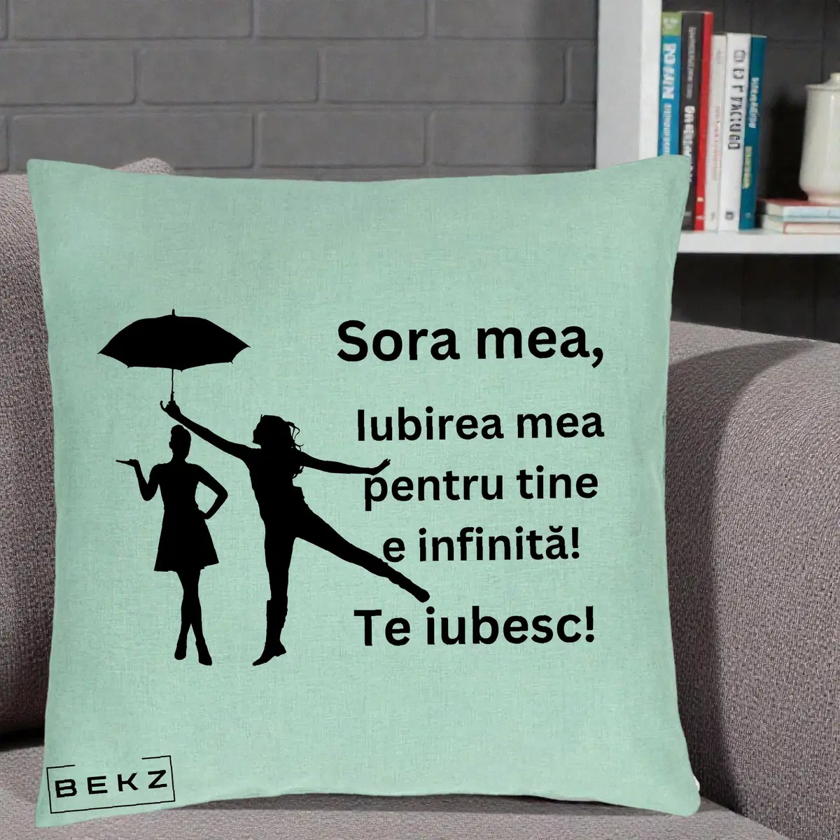 Perna Decorativa Sora Mea Te Iubesc Siluete Negre cu Umbrela, 40x40 cm, Verde Menta, Husa Detasabila, Perna, BEKZ®