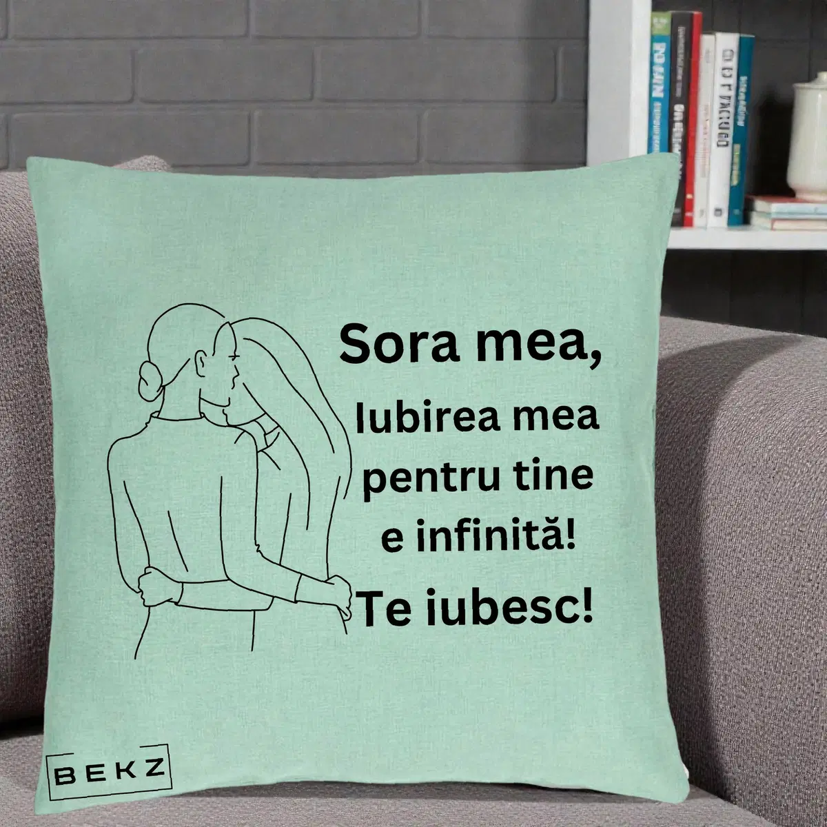 Perna Decorativa Sora Mea Te Iubesc Palarie Umbrela Text Colorat, 40x40 cm, Verde Menta, Husa Detasabila, Perna, BEKZ®