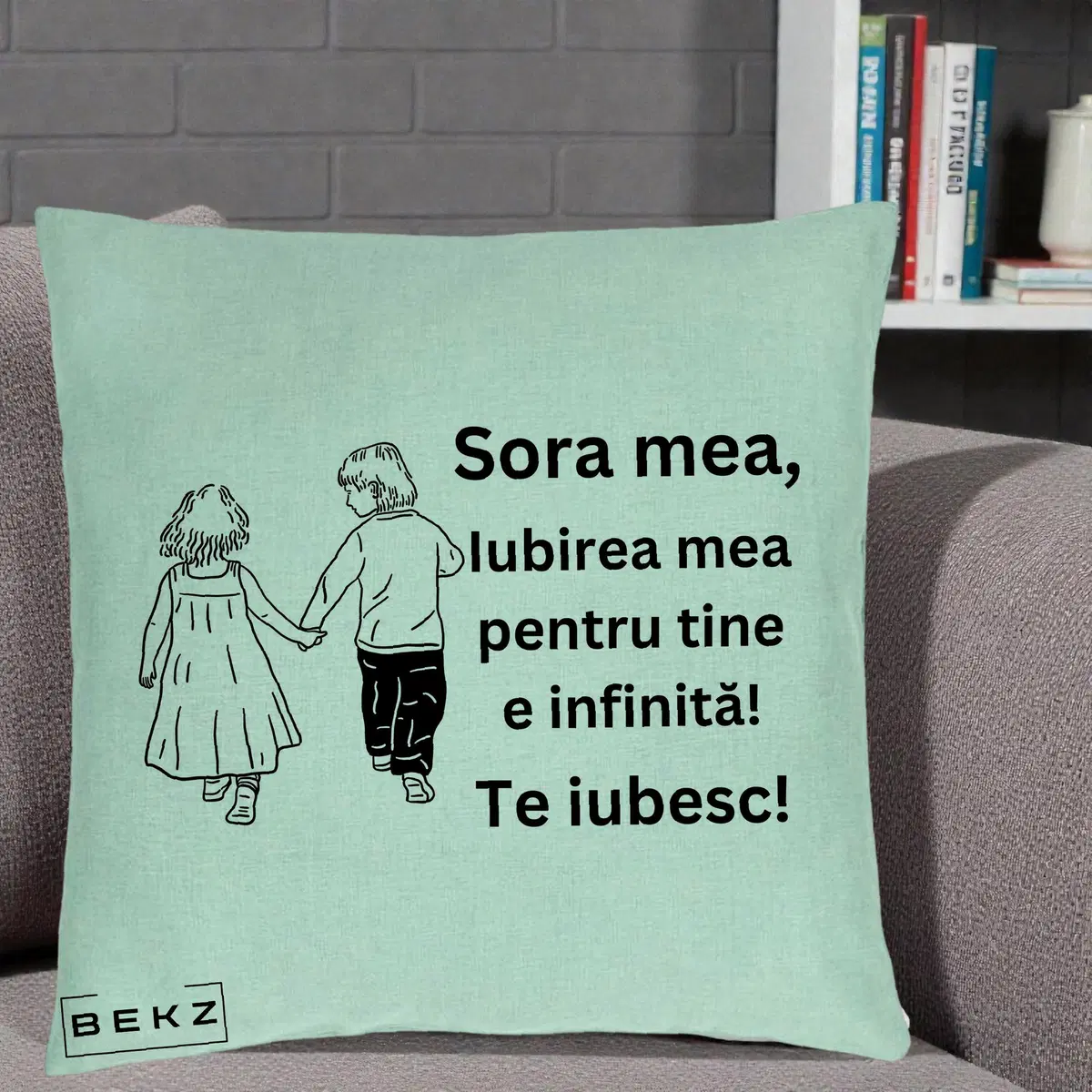 Perna Decorativa Sora Mea Te Iubesc Doua Fete Telefoane Violet Roz, 40x40 cm, Verde Menta, Husa Detasabila, Perna, BEKZ®