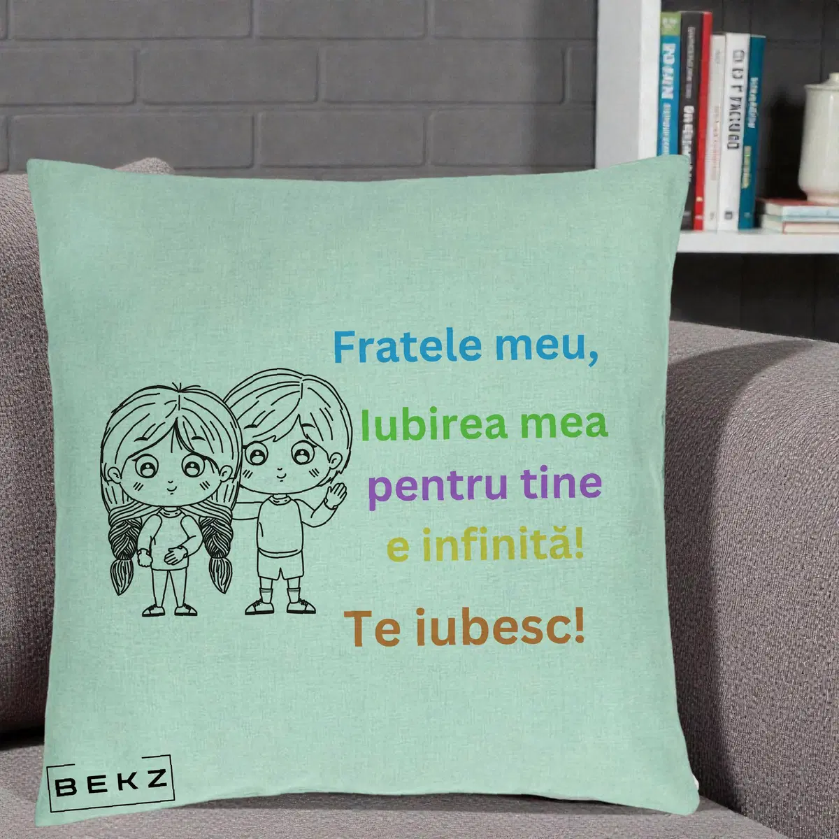 Perna Decorativa Fratele Meu Te Iubesc Copii Anime Colorat, 40x40 cm, Verde Menta, Husa Detasabila, Perna, BEKZ®