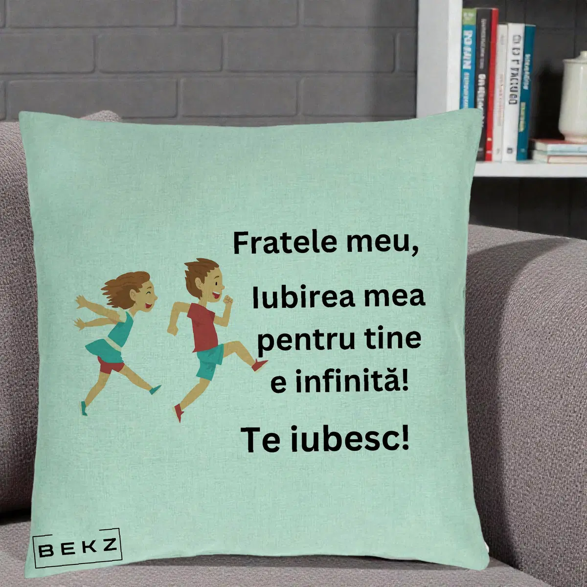 Perna Decorativa Fratele Meu Te Iubesc Copii Alergand Colorat, 40x40 cm, Verde Menta, Husa Detasabila, Perna, BEKZ®
