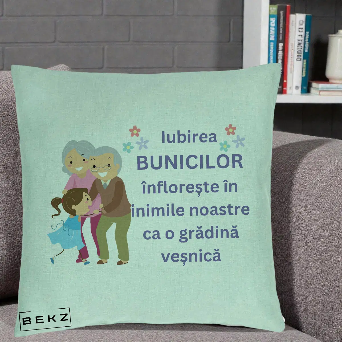 Perna Decorativa Bunicii Iubirea Infloreste Bunici cu Nepoata Colorat, 40x40 cm, Verde Menta, Husa Detasabila, Perna, BEKZ®