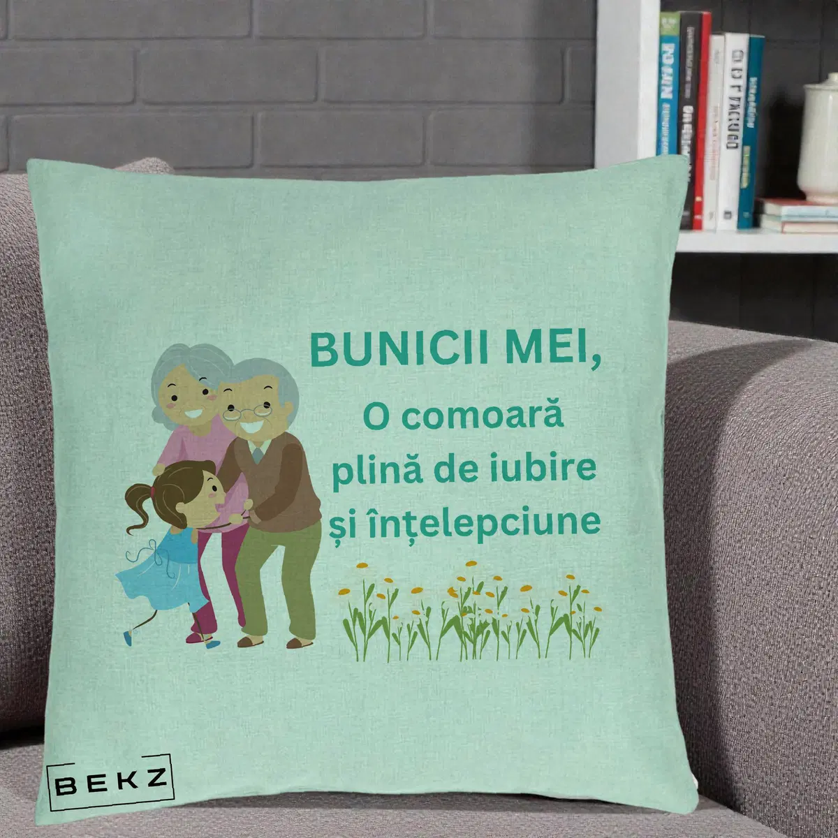 Perna Decorativa Bunicii Mei Comoara Iubire Intelepciune Nepoata, 40x40 cm, Verde Menta, Husa Detasabila, Perna, BEKZ®