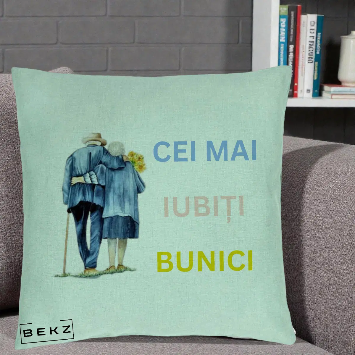 Perna Decorativa Cei Mai Iubiti Bunici Acuarela Spate, 40x40 cm, Verde Menta, Husa Detasabila, Perna, BEKZ®
