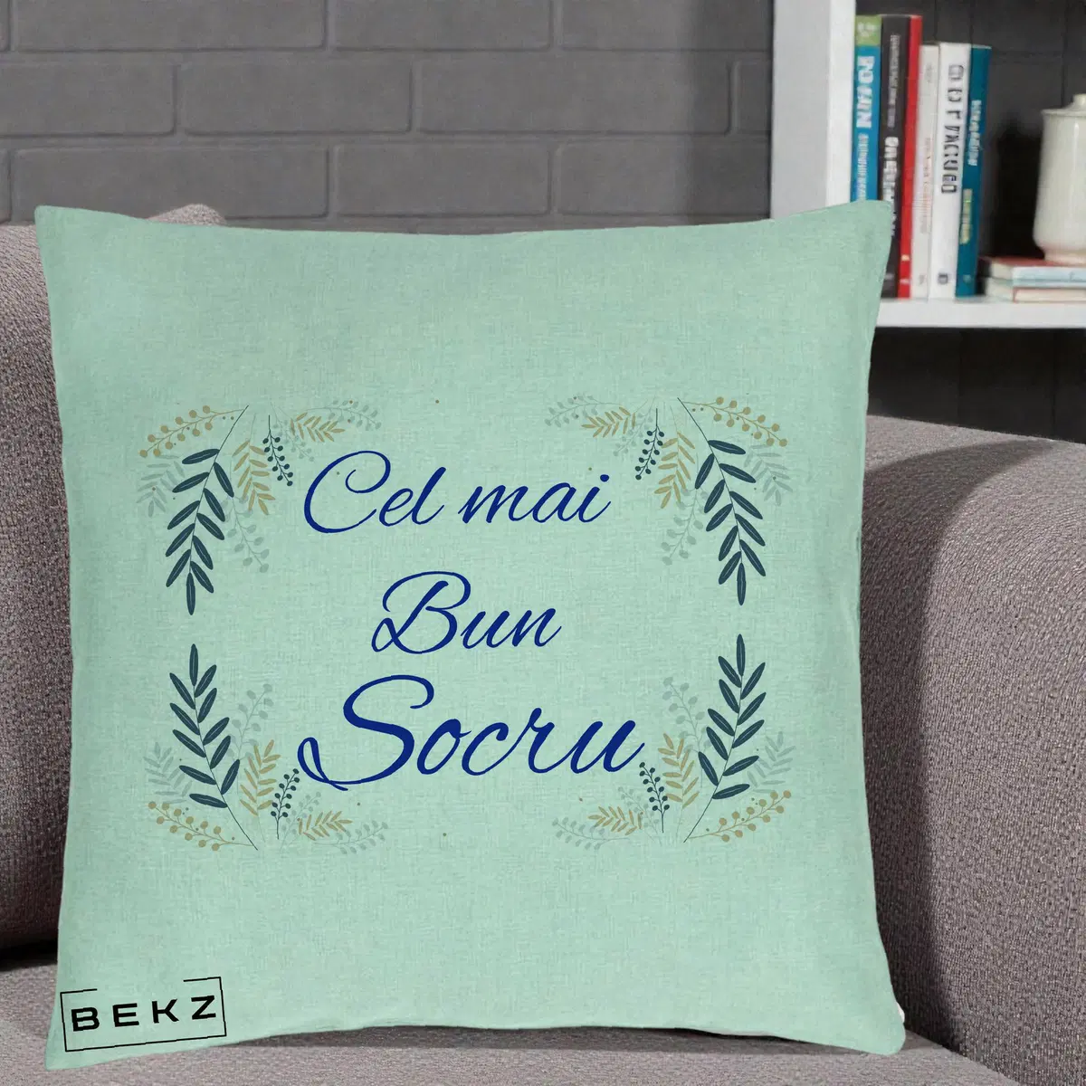 Perna Decorativa Cel mai Bun Socru cu Ramuri Frunze Albastre si Aurii, 40x40 cm, Verde Menta, Husa Detasabila, Perna, BEKZ®