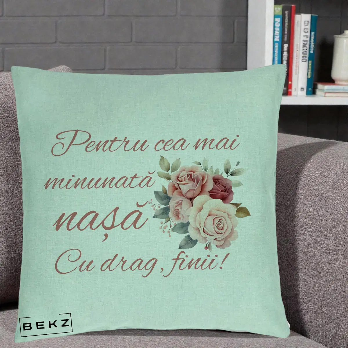 Perna Decorativa Pentru Cea mai Minunata Nasa Cu drag Finii, 40x40 cm, Verde Menta, Husa Detasabila, Perna, BEKZ®