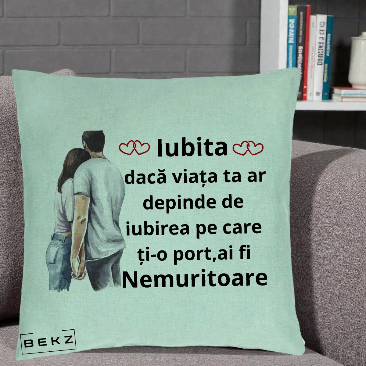 Perna Decorativa Iubitu Nemuritor cu Cuplu Acuarela si Inimi Rosii, 40x40 cm, Verde Menta, Husa Detasabila, Perna, BEKZ®
