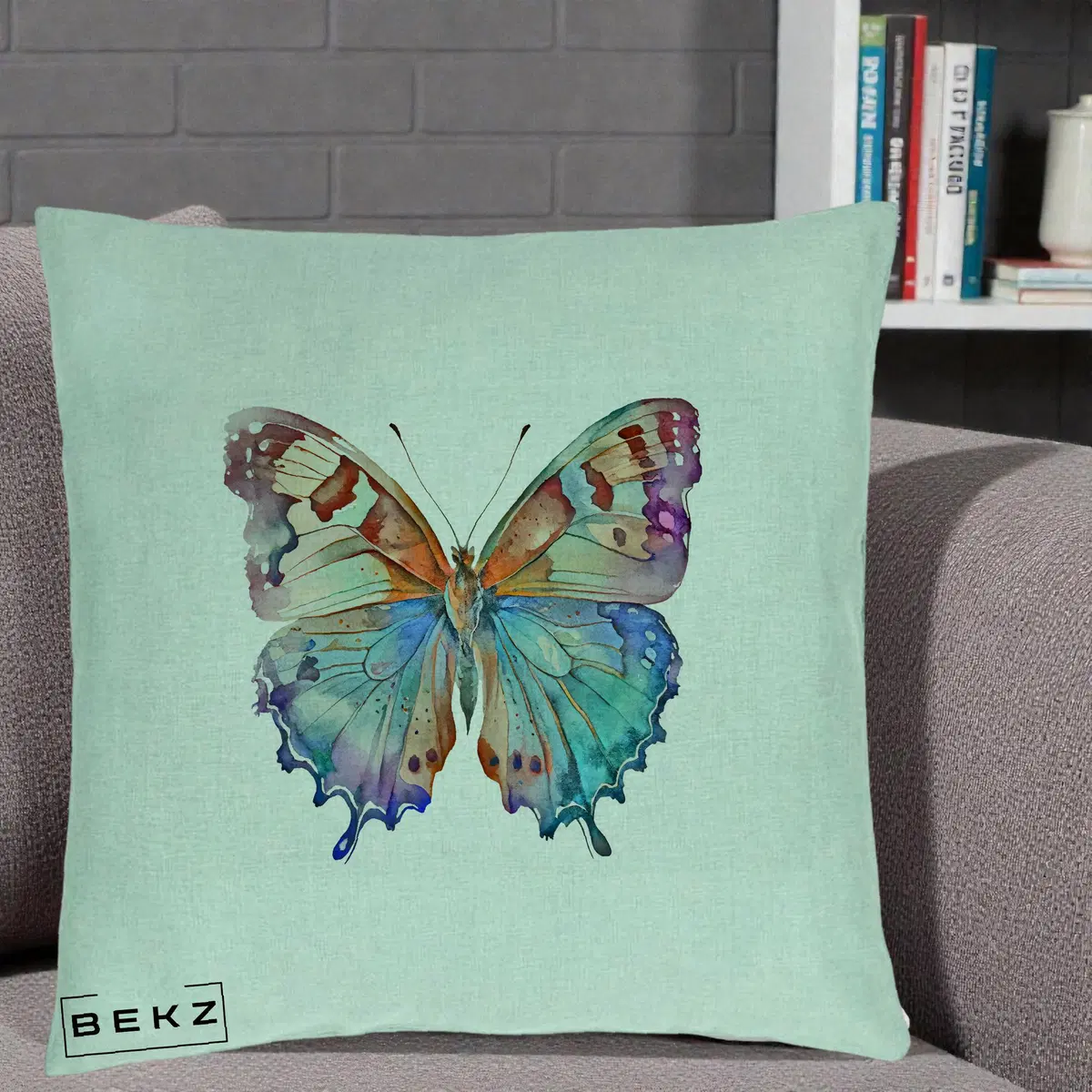 Perna Decorativa Pasare Martin Pescar Acuarela Albastru-Mov, 40x40 cm, Verde Menta, Husa Detasabila, Perna, BEKZ®