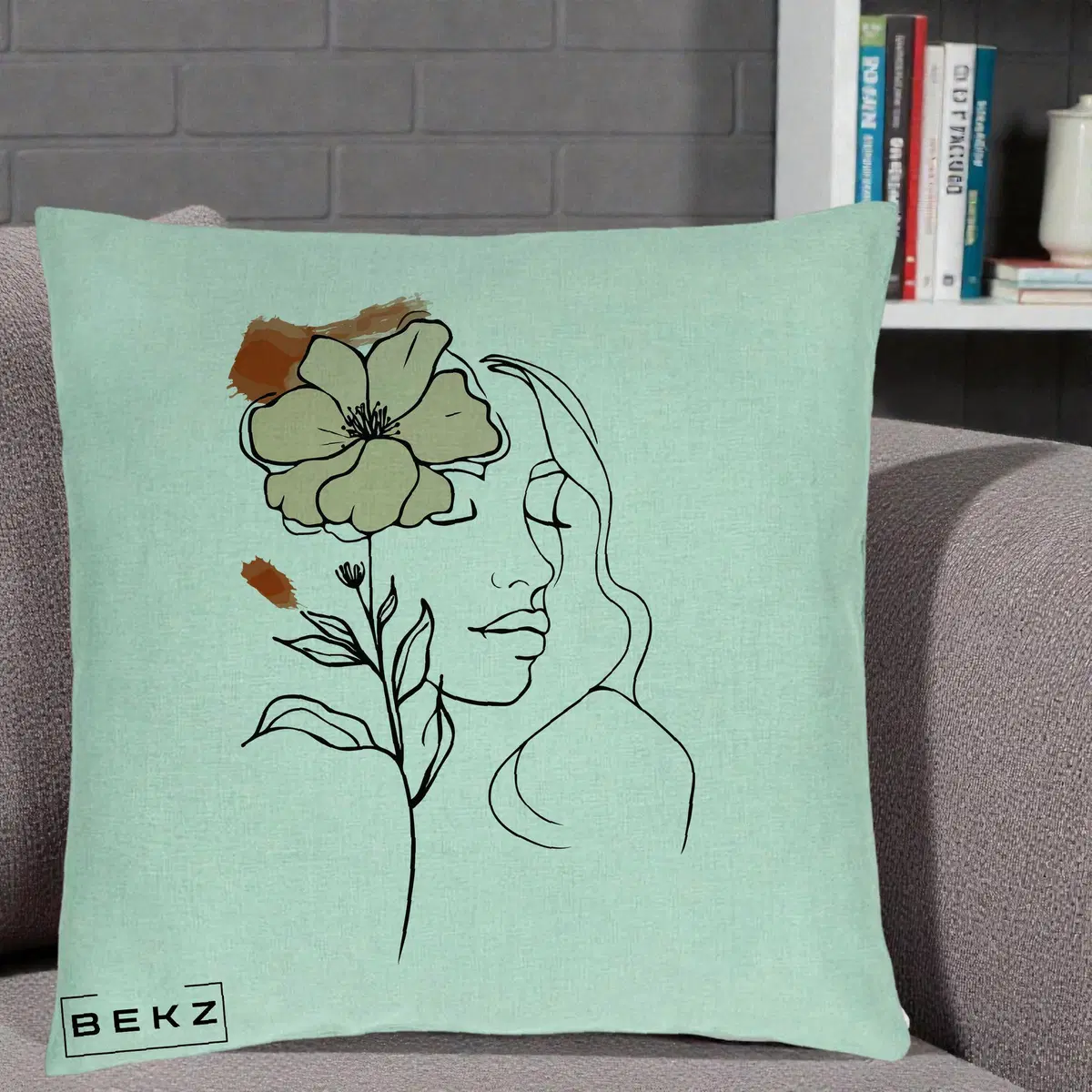 Perna Decorativa Portret Feminin Floare Bej Terracotta, 40x40 cm, Verde Menta, Husa Detasabila, Perna, BEKZ®