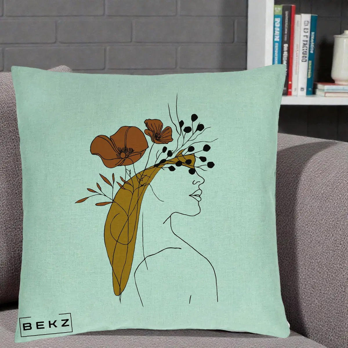 Perna Decorativa Portret Feminin Maci Rosii Auriu, 40x40 cm, Verde Menta, Husa Detasabila, Perna, BEKZ®