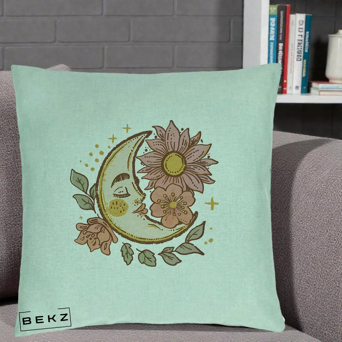 Perna Decorativa Luna Boho Chip Floral, 40x40 cm, Verde Menta, Husa Detasabila, Perna, BEKZ®