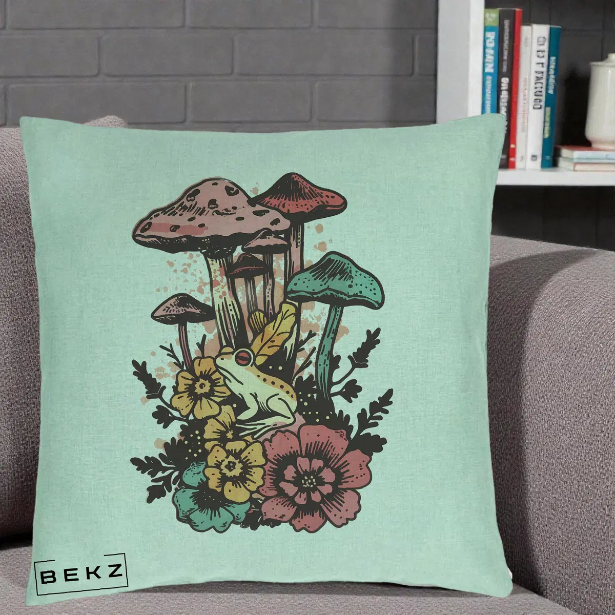 Perna Decorativa Ciuperci si Broaste Boho, 40x40 cm, Verde Menta, Husa Detasabila, Perna, BEKZ®