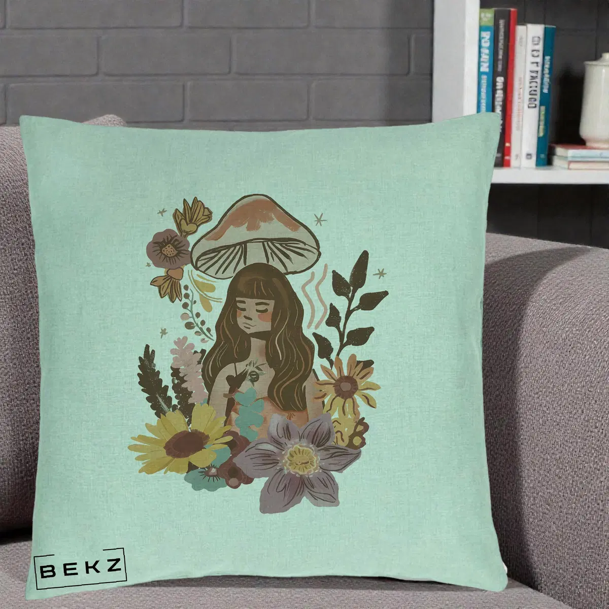 Perna Decorativa Fata Ciuperca Boho Florala, 40x40 cm, Verde Menta, Husa Detasabila, Perna, BEKZ®