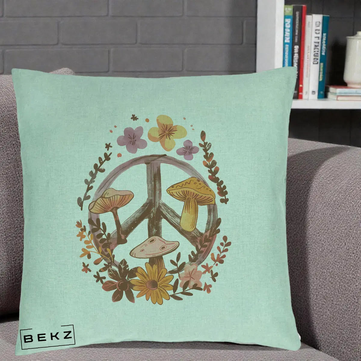Perna Decorativa Peace Sign Ciuperci Floral, 40x40 cm, Verde Menta, Husa Detasabila, Perna, BEKZ®