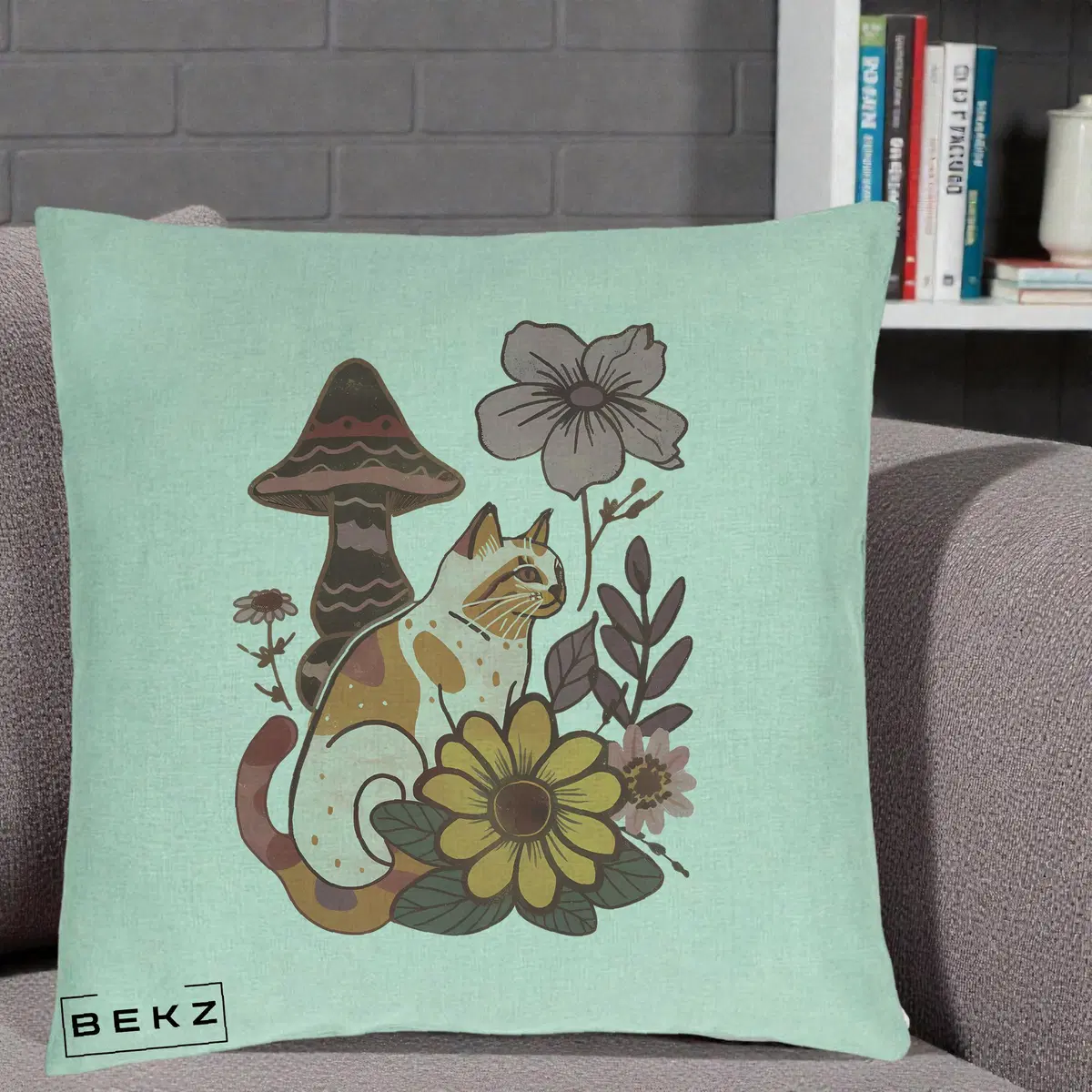 Perna Decorativa Pisica Vintage Florala Boho, 40x40 cm, Verde Menta, Husa Detasabila, Perna, BEKZ®