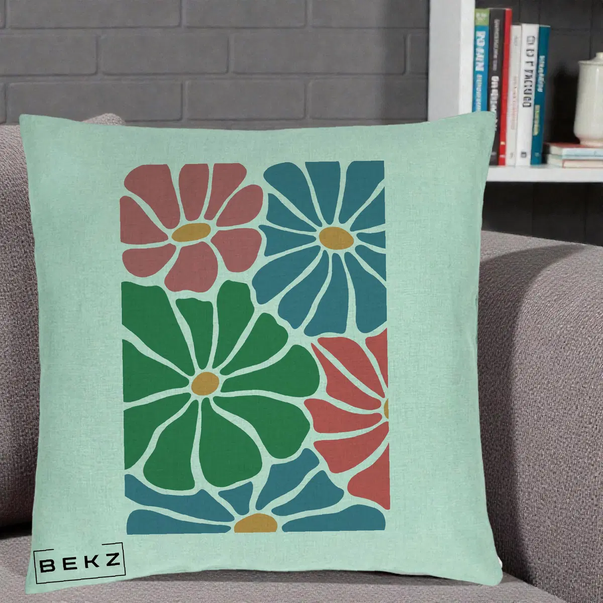 Perna Decorativa Flori Grafice Verde-Roz-Albastru, 40x40 cm, Verde Menta, Husa Detasabila, Perna, BEKZ®