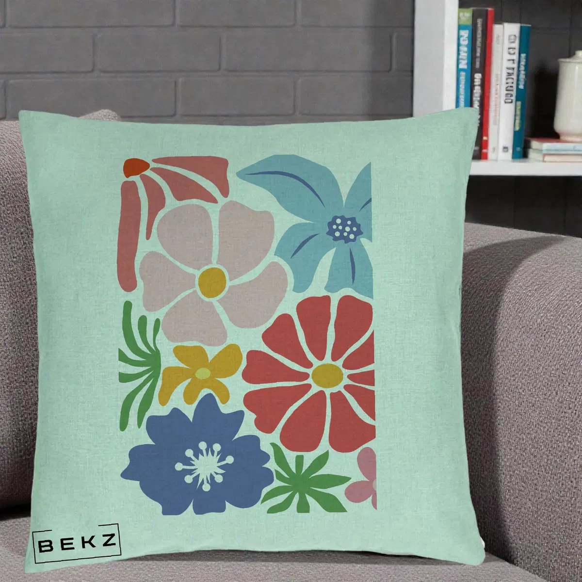 Perna Decorativa Flori Grafice Roz-Rosu-Albastru, 40x40 cm, Verde Menta, Husa Detasabila, Perna, BEKZ®