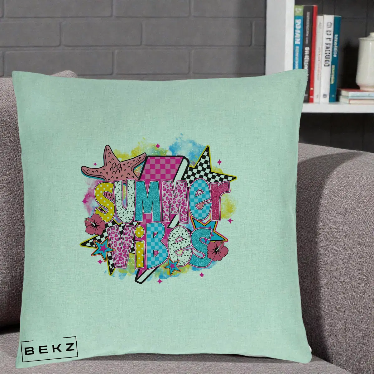 Perna Decorativa Sorry I'm Booked Carti Flori, 40x40 cm, Verde Menta, Husa Detasabila, Perna, BEKZ®