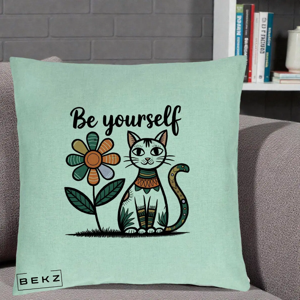 Perna Decorativa Be Yourself Pisica Folk, 40x40 cm, Verde Menta, Husa Detasabila, Perna, BEKZ®