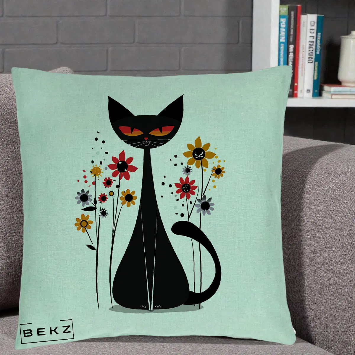 Perna Decorativa Pisica Neagra Ochi Rosii Flori, 40x40 cm, Verde Menta, Husa Detasabila, Perna, BEKZ®