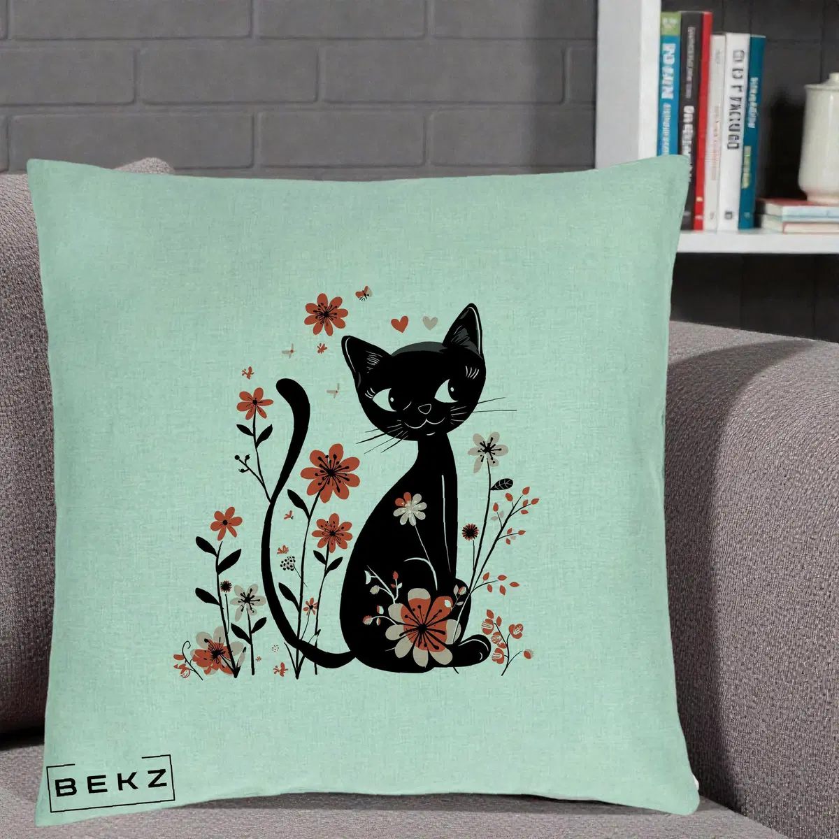 Perna Decorativa Pisica Neagra Flori Roz si Inimi, 40x40 cm, Verde Menta, Husa Detasabila, Perna, BEKZ®
