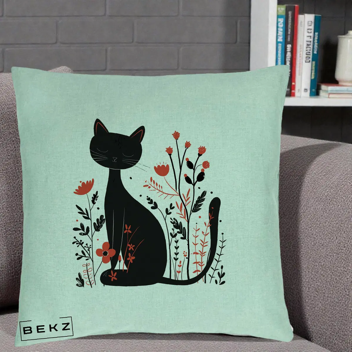 Perna Decorativa Pisica Neagra Flori Rosii Folk Minimal, 40x40 cm, Verde Menta, Husa Detasabila, Perna, BEKZ®