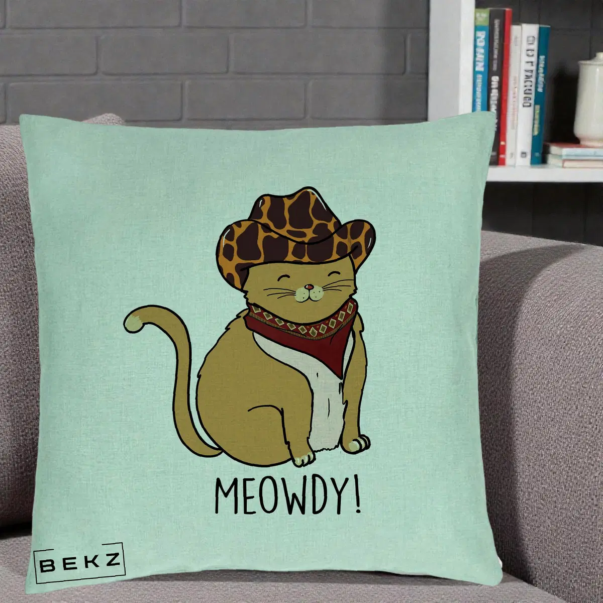 Perna Decorativa Pisica Cowboy Meowdy, 40x40 cm, Verde Menta, Husa Detasabila, Perna, BEKZ®